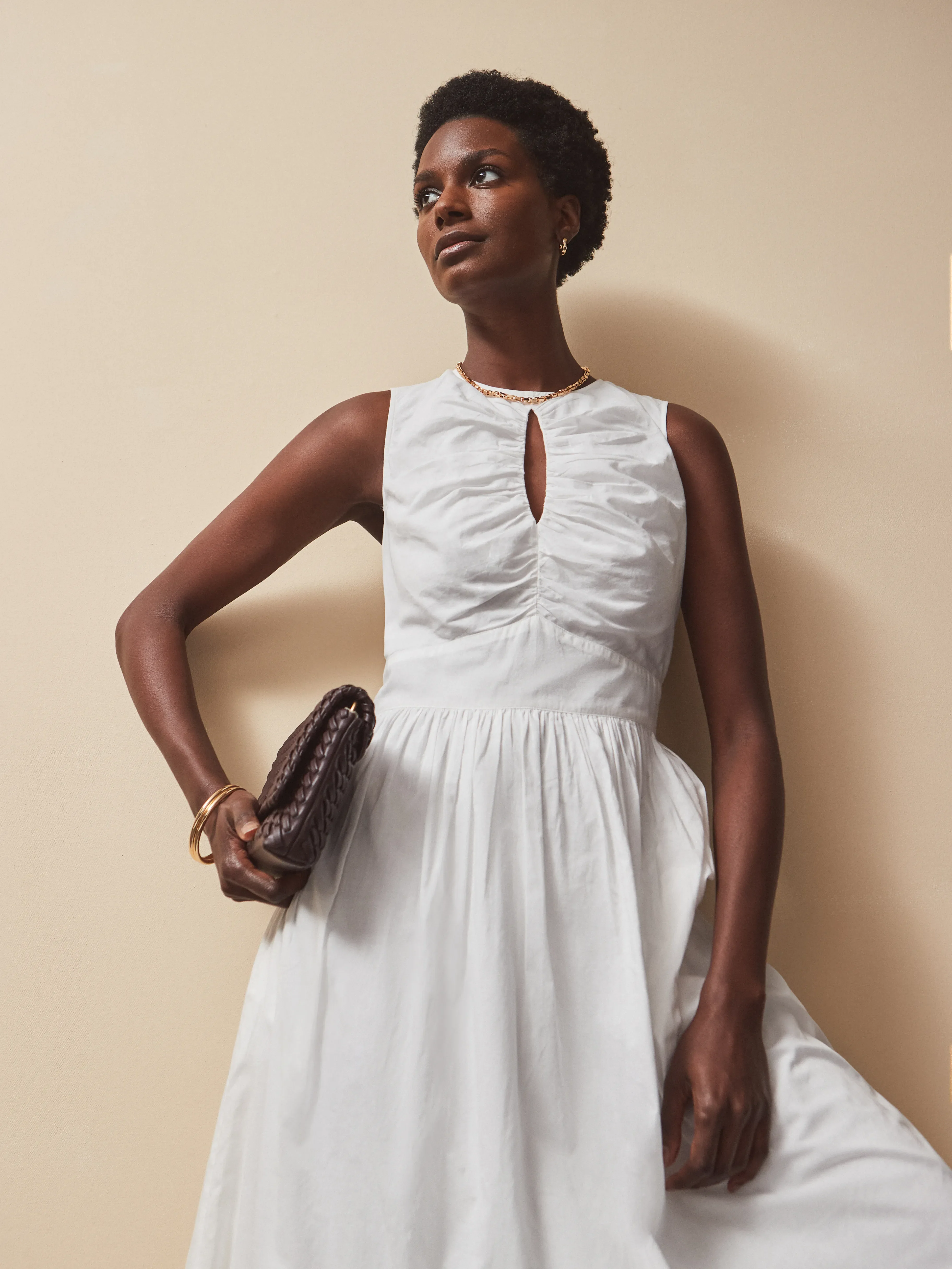 Petite White Cotton Voile Keyhole Front Midi Dress